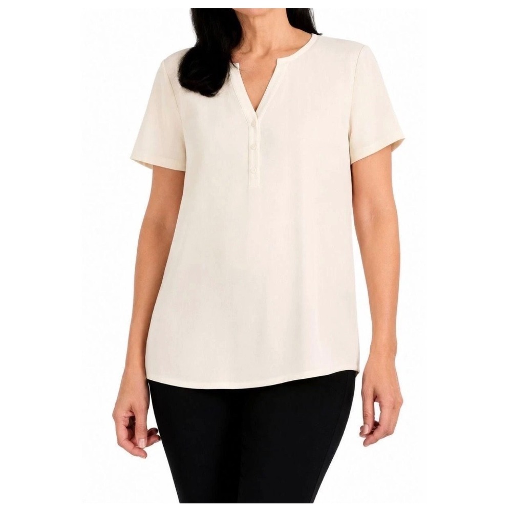NWT Hilary Radley Womens Cream Short Sleeve Henley Blouse Textured Top •L• Basic